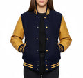 Women's Varsity Bomber Letterman Navy Wool & Gold Real Leather Sleeves Jacket