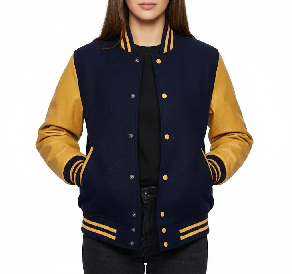 Women's Varsity Bomber Letterman Navy Wool & Gold Real Leather Sleeves Jacket