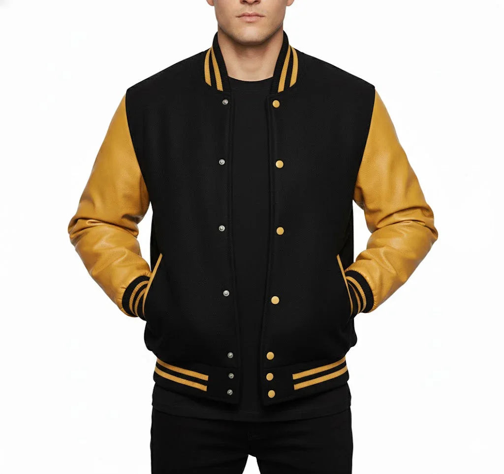 Varsity Bomber Letterman Black Wool & Gold Real Leather Sleeves Jacket