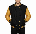 Varsity Bomber Letterman Black Wool & Gold Real Leather Sleeves Jacket
