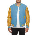 Varsity Bomber Letterman Sky Wool & Gold Real Leather Sleeves Jacket