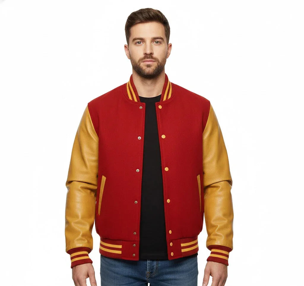 Varsity Bomber Letterman Red Wool & Gold Real Leather Sleeves Jacket