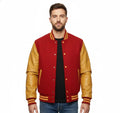 Varsity Bomber Letterman Red Wool & Gold Real Leather Sleeves Jacket