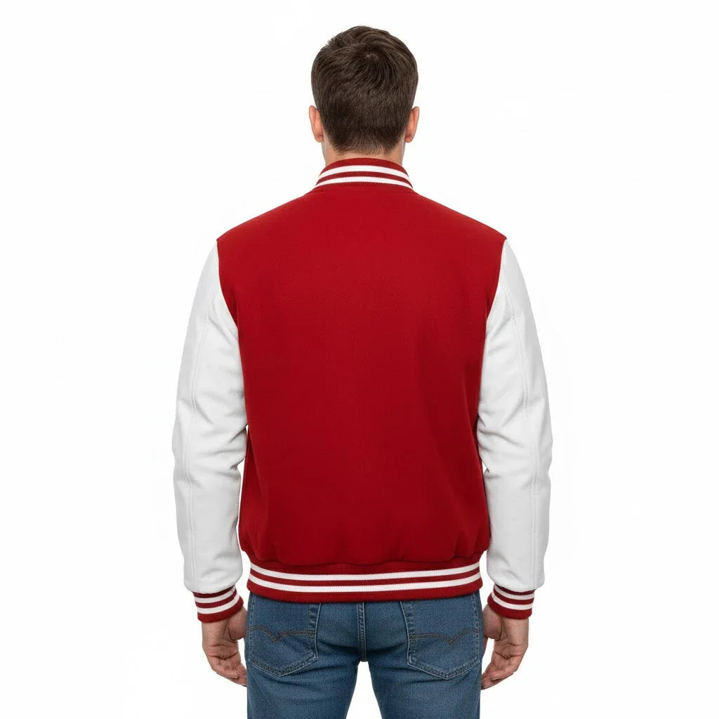 Varsity Letterman Red Wool & White Real Leather Sleeves Bomber Jacket