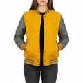 Women's Varsity Bomber Letterman Yellow Wool & Gray Real Leather Sleeves Jacket