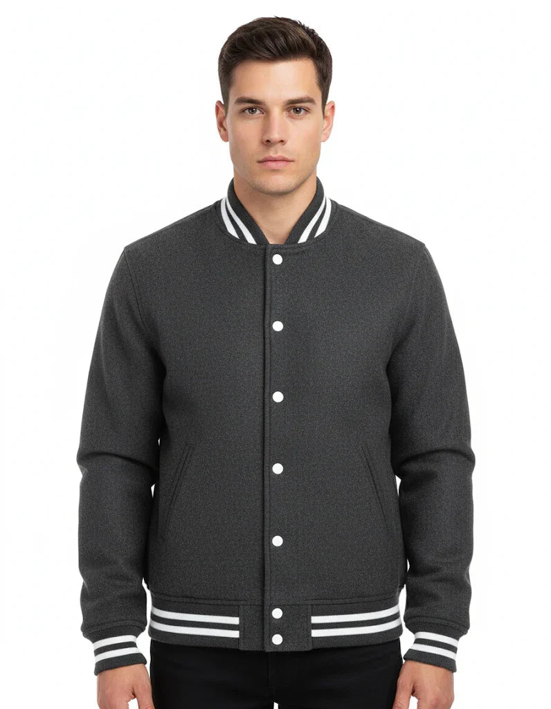 All Wool Varsity Bomber Letterman Dark Grey Jacket