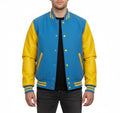 Varsity Bomber Letterman Sky Wool & Yellow Real Leather Sleeves Jacket