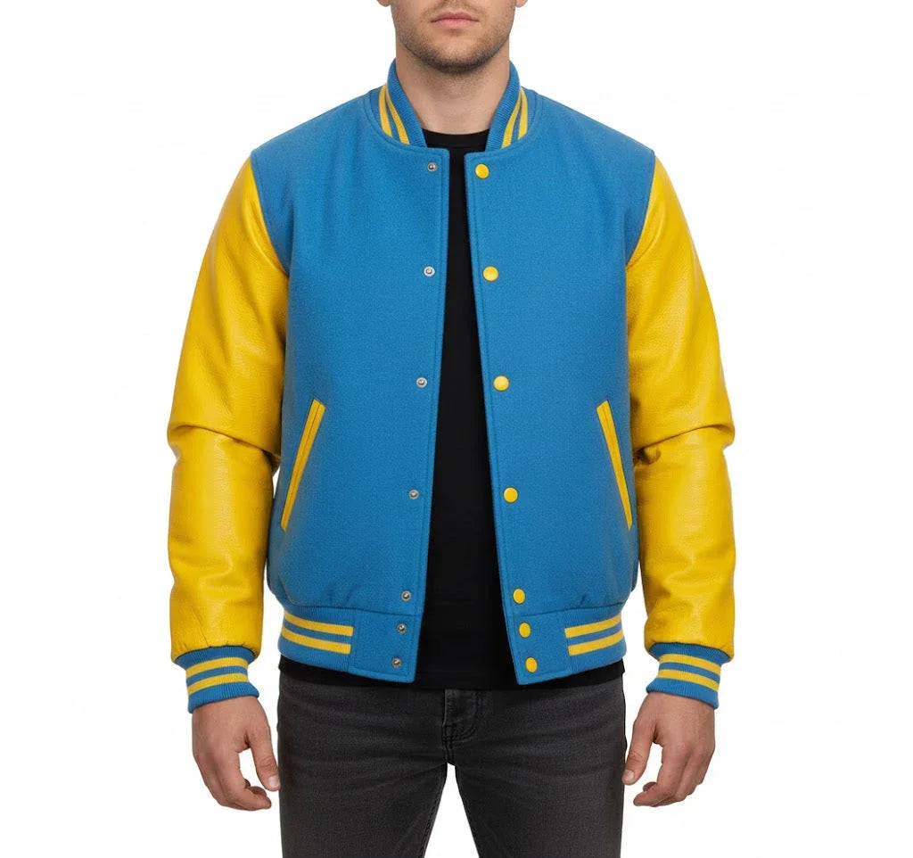 Varsity Bomber Letterman Sky Wool & Yellow Real Leather Sleeves Jacket