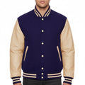 Varsity Bomber Letterman Navy Wool & Cream Real Leather Sleeves Jacket