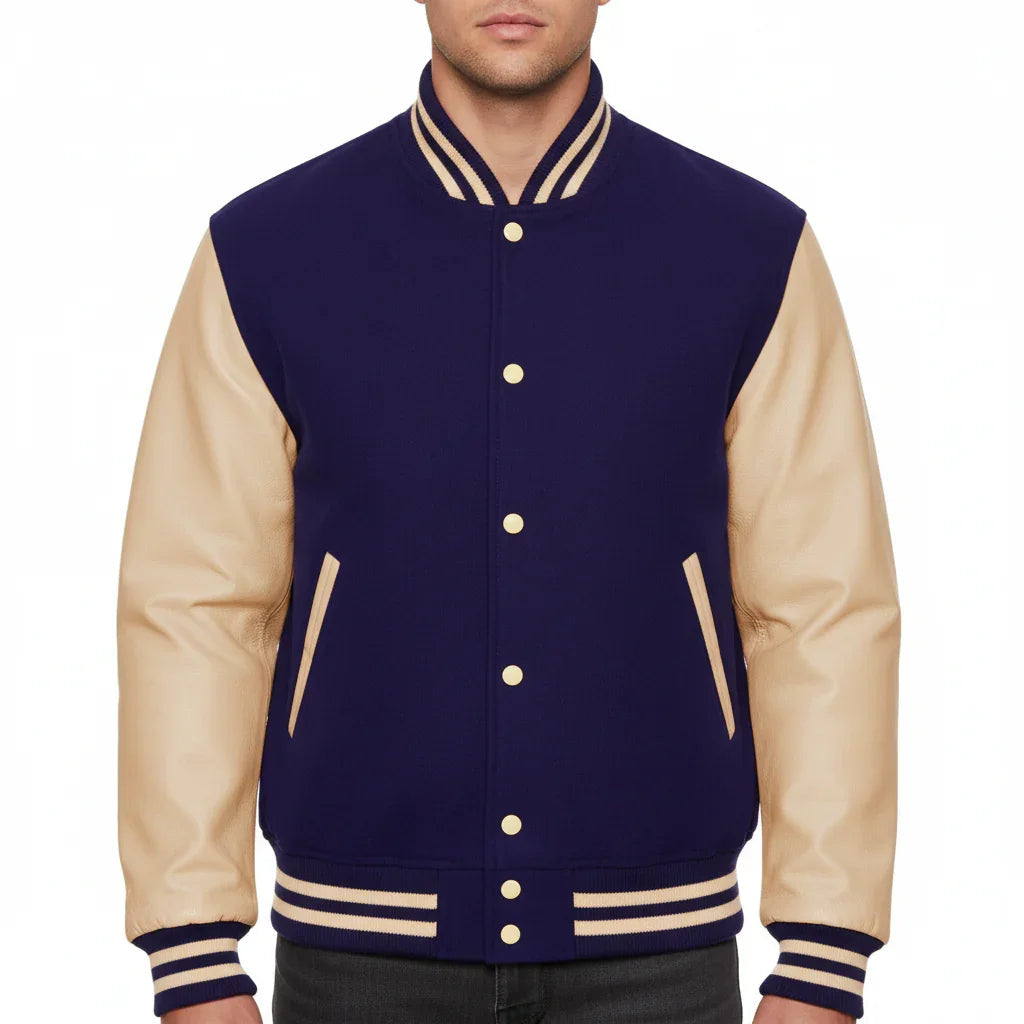 Varsity Bomber Letterman Navy Wool & Cream Real Leather Sleeves Jacket