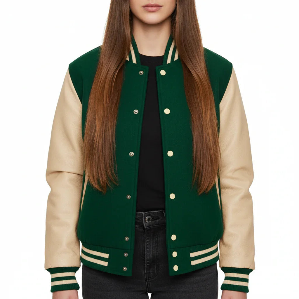 Women's Varsity Bomber Letterman Green Wool & Cream Real Leather Sleeves Jacket