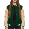 Women's Varsity Bomber Letterman Green Wool & Cream Real Leather Sleeves Jacket