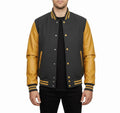 Varsity Bomber Letterman Dark Grey Wool & Gold Real Leather Sleeves Jacket
