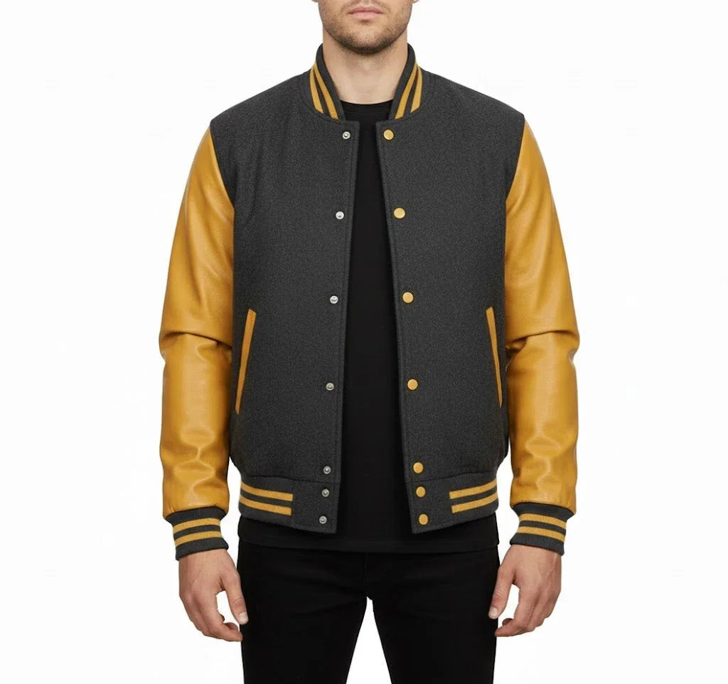 Varsity Bomber Letterman Dark Grey Wool & Gold Real Leather Sleeves Jacket