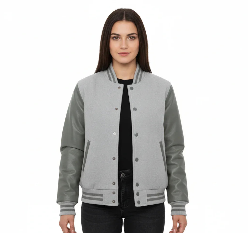 Women's Varsity Bomber Letterman Lt.Gray Wool & Gray Real Leather Sleeves Jacket