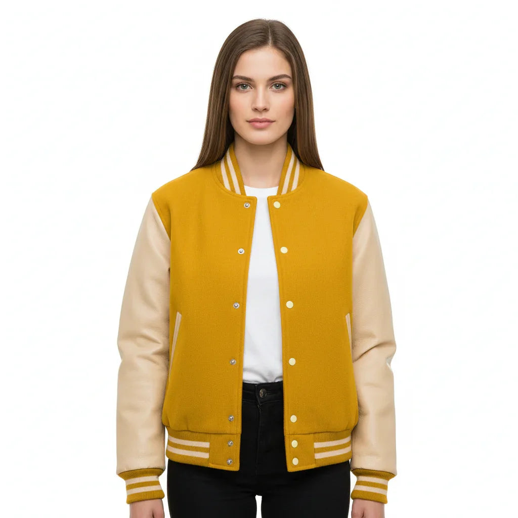 Women's Varsity Bomber Letterman Yellow Wool & Cream Real Leather Sleeves Jacket