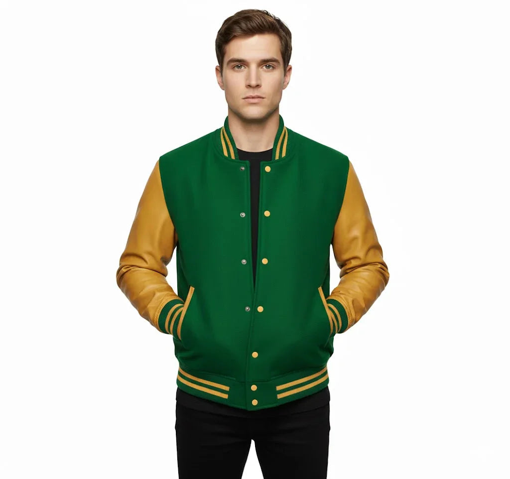 Varsity Bomber Letterman Green Wool & Gold Real Leather Sleeves Jacket