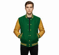 Varsity Bomber Letterman Green Wool & Gold Real Leather Sleeves Jacket
