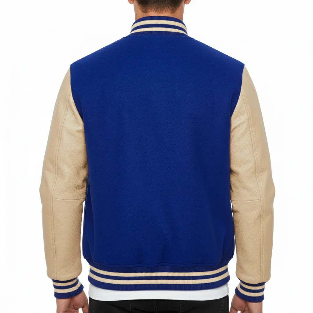Varsity Bomber Letterman Royal Blue Wool & Cream Real Leather Sleeves Jacket