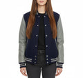 Women's Varsity Bomber Letterman Navy Wool & Gray Real Leather Sleeves Jacket
