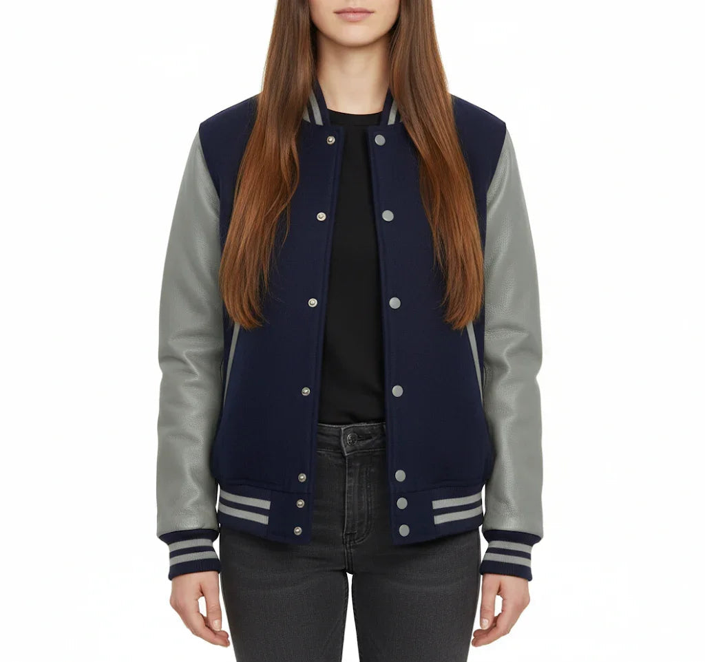 Women's Varsity Bomber Letterman Navy Wool & Gray Real Leather Sleeves Jacket