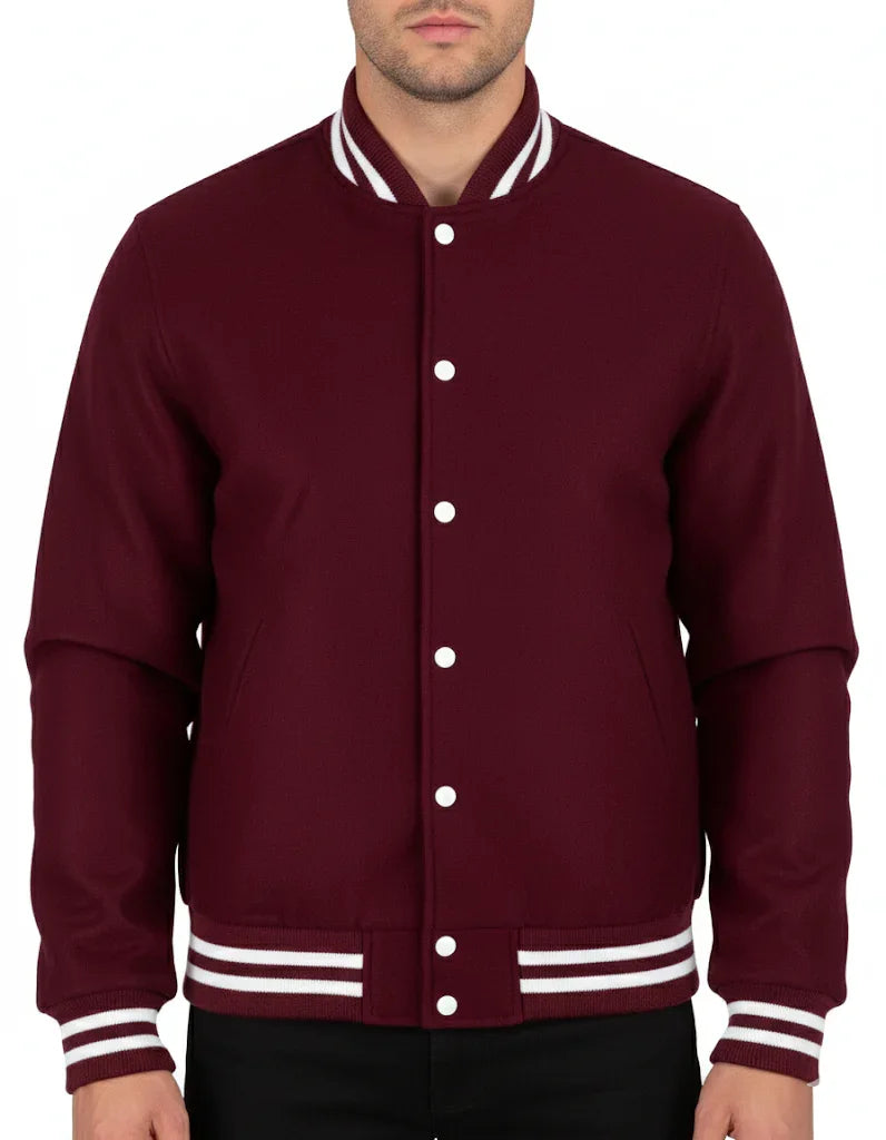 All Wool Varsity Bomber Letterman Dark Maroon Jacket