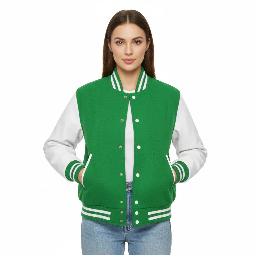 Women's Varsity Letterman Kelly Green Wool & White Real Leather Sleeves Bomber Jacket