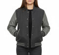 Women's Varsity Bomber Letterman Dark Grey Wool & Gray Real Leather Sleeves Jacket