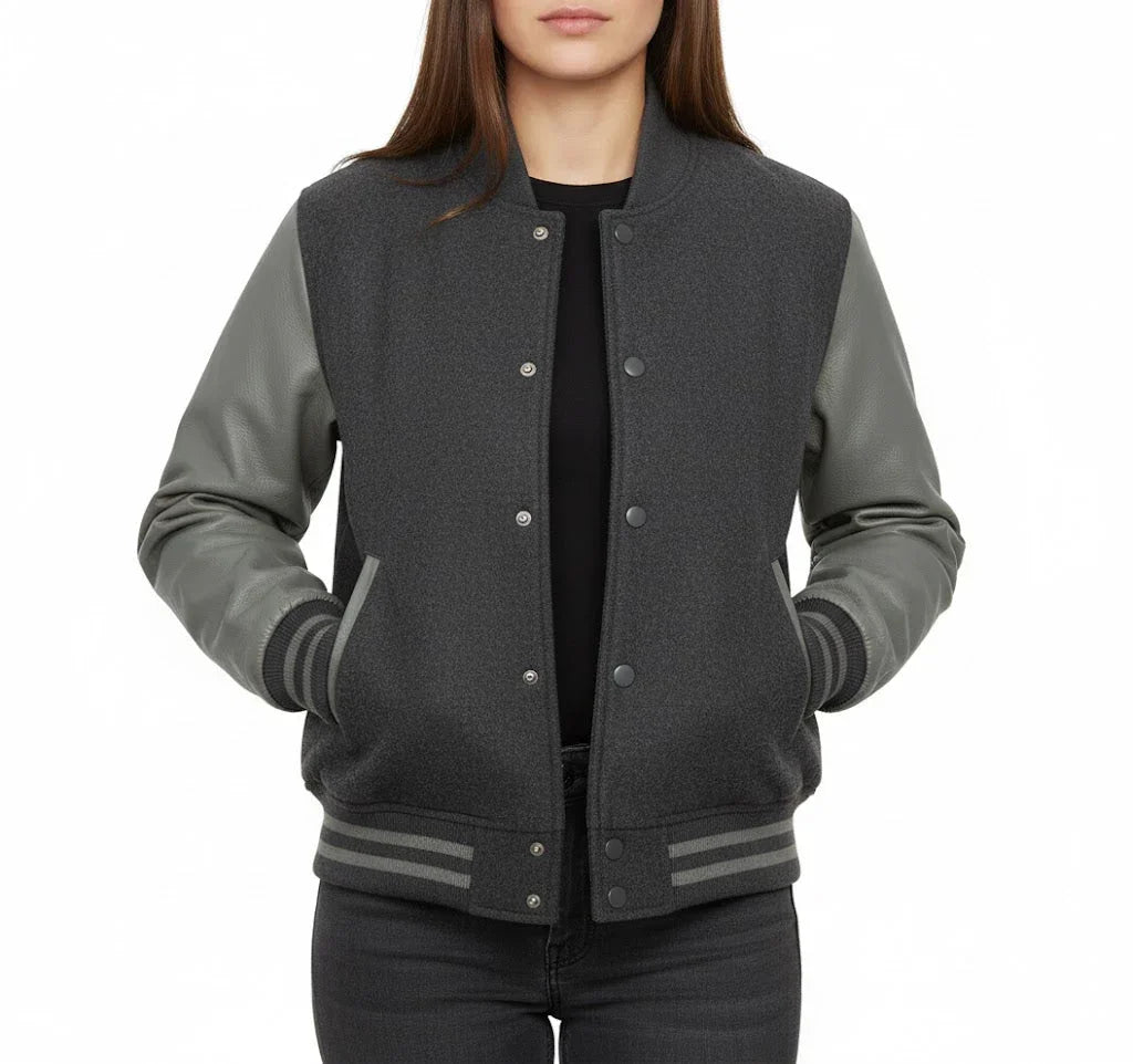 Women's Varsity Bomber Letterman Dark Grey Wool & Gray Real Leather Sleeves Jacket