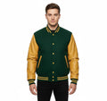 Varsity Bomber Letterman Forest Green Wool & Gold Real Leather Sleeves Jacket