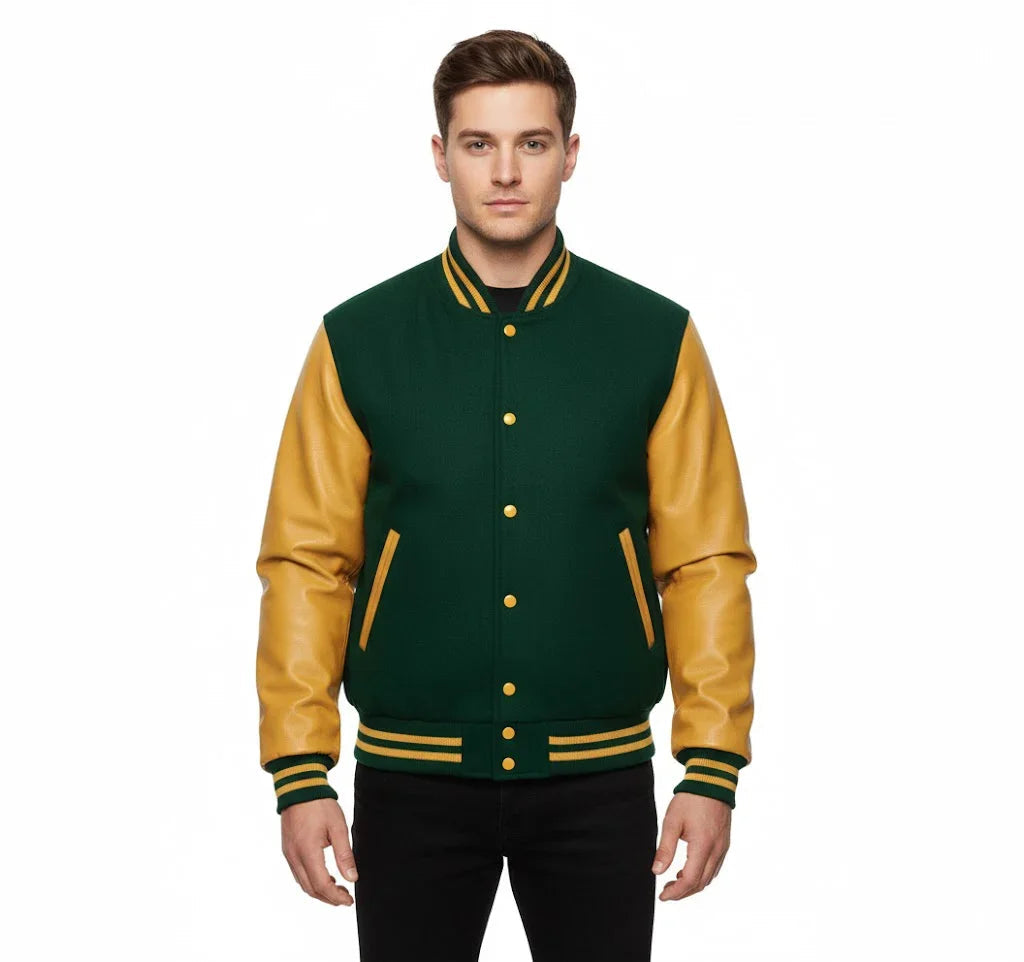 Varsity Bomber Letterman Forest Green Wool & Gold Real Leather Sleeves Jacket