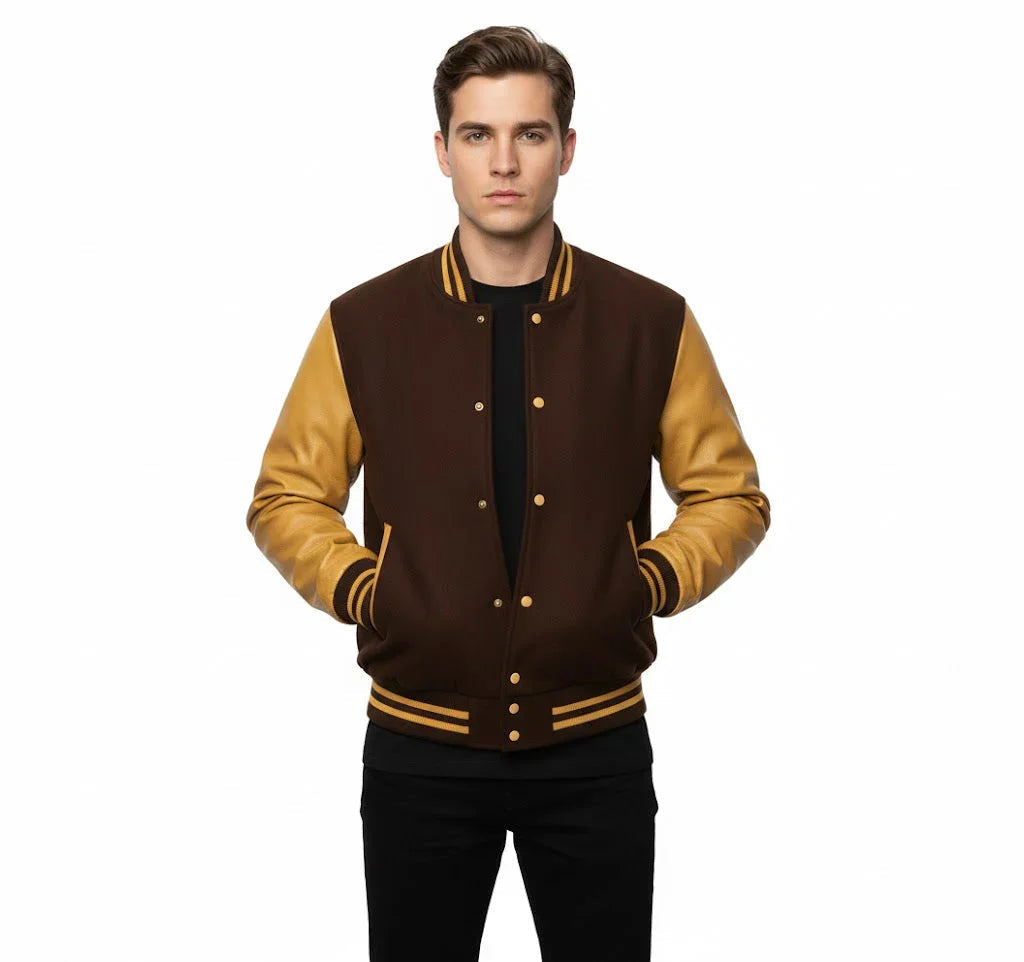Varsity Bomber Letterman Brown Wool & Gold Real Leather Sleeves Jacket
