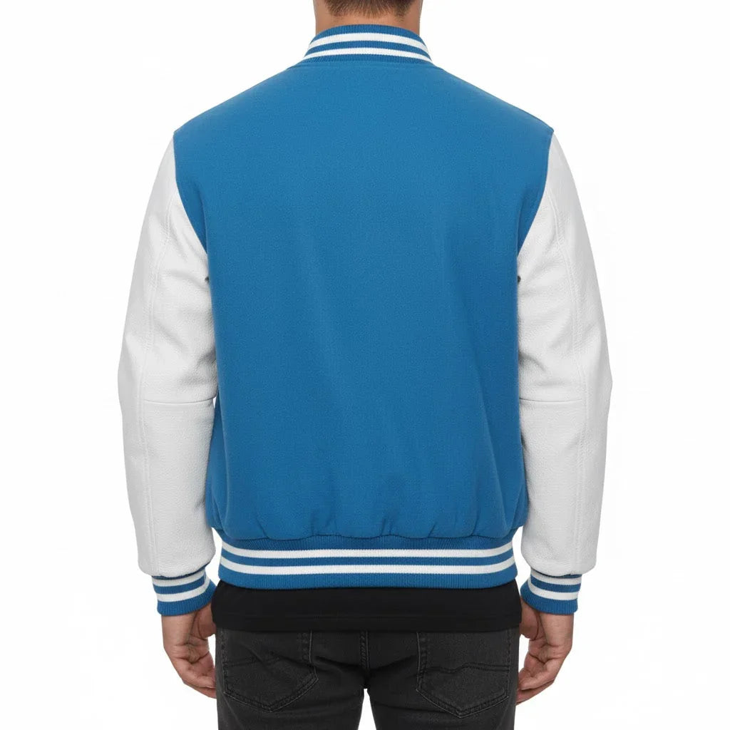 Varsity Bomber Letterman Sky Wool & White Real Leather Sleeves Jacket