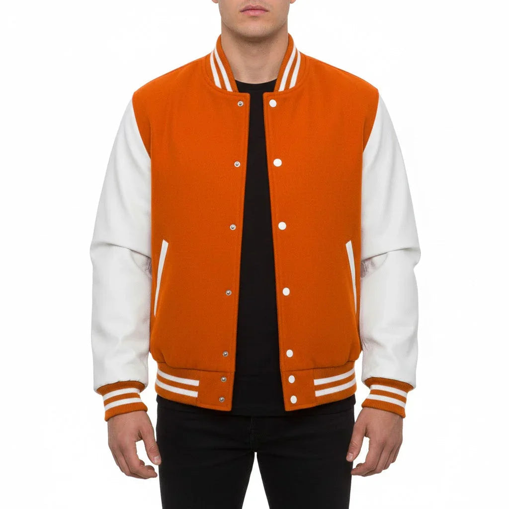 Varsity Bomber Letterman Orange Wool & White Real Leather Sleeves Jacket