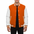 Varsity Bomber Letterman Orange Wool & White Real Leather Sleeves Jacket