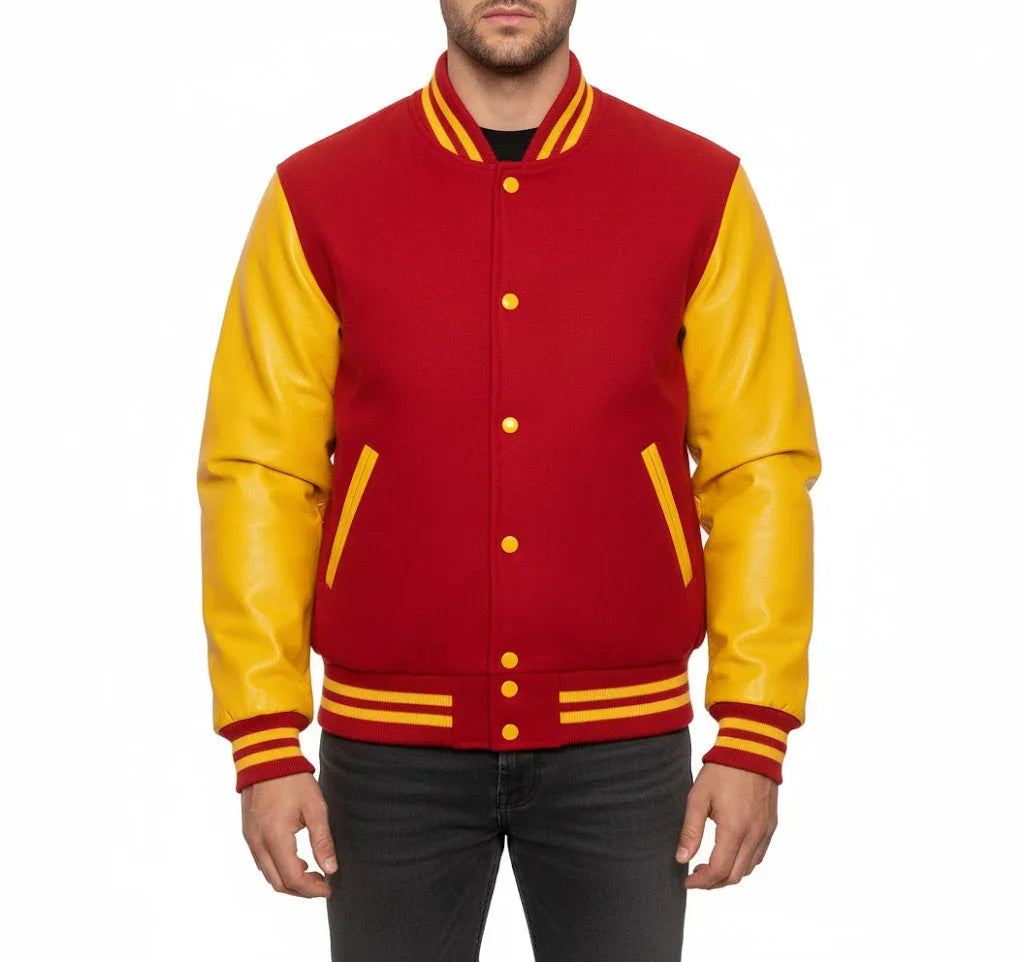 Varsity Bomber Letterman Red Wool & Yellow Real Leather Sleeves Jacket
