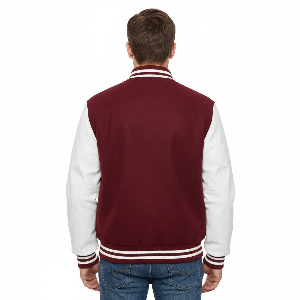 Varsity Bomber Letterman Maroon Wool & White Real Leather Sleeves Jacket