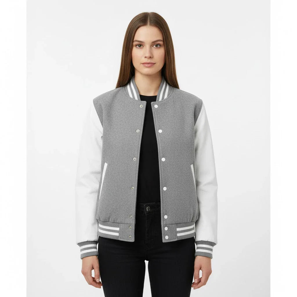 Women's Varsity Letterman Grey Wool & White Real Leather Sleeves Bomber Jacket