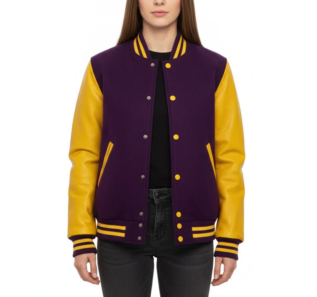 Women's Varsity Bomber Letterman Purple Wool & Yellow Real Leather Sleeves Jacket