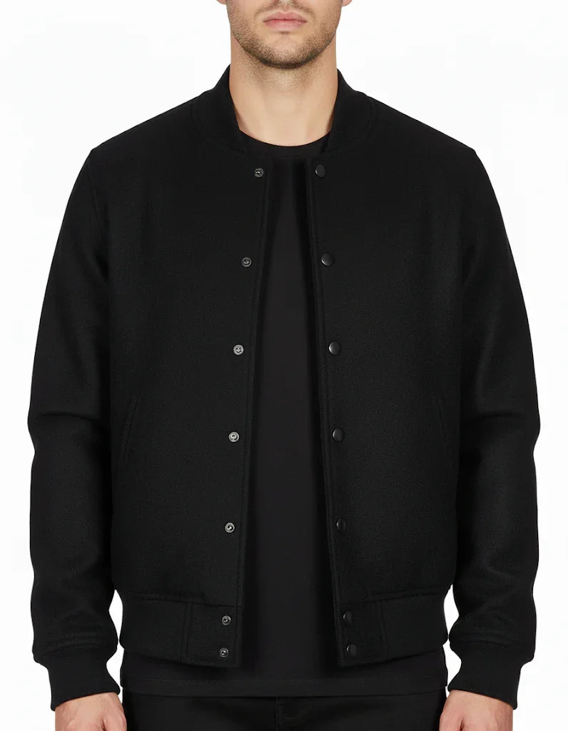 All Wool Varsity Bomber Letterman Solid Black Jacket