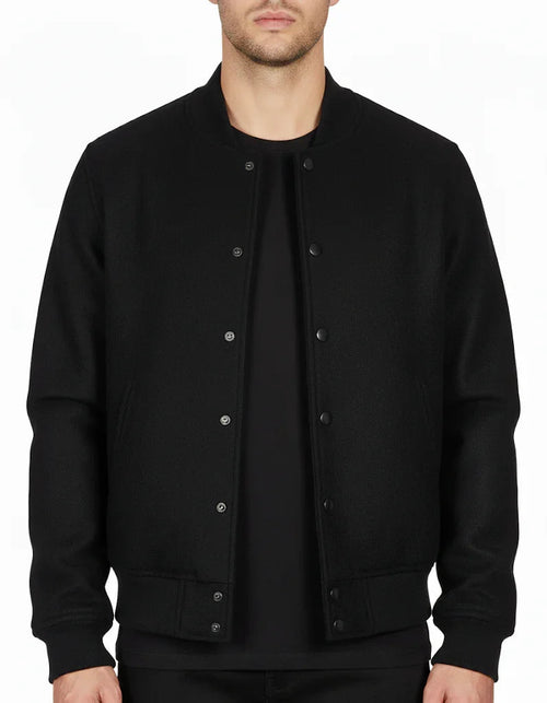All Wool Varsity Bomber Letterman Solid Black Jacket