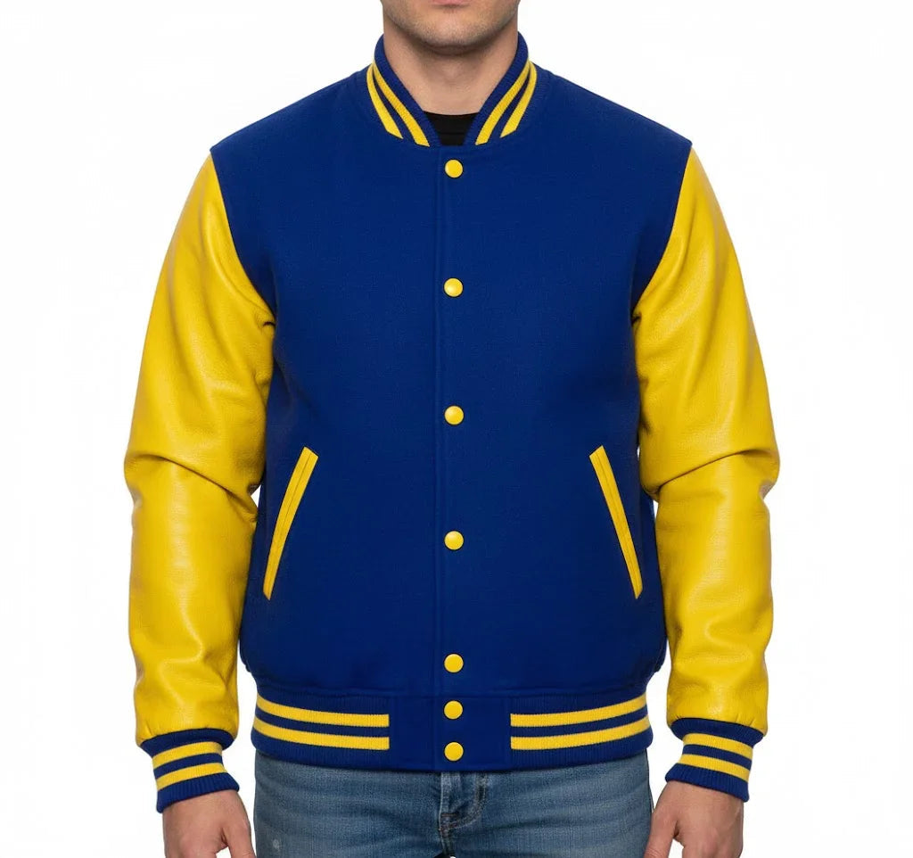 Varsity Bomber Letterman Royal Blue Wool & Yellow Real Leather Sleeves Jacket