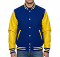 Varsity Bomber Letterman Royal Blue Wool & Yellow Real Leather Sleeves Jacket