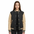 Women's Varsity Bomber Letterman Dark Gray Wool & Cream Real Leather Sleeves Jacket