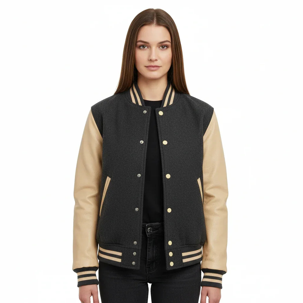Women's Varsity Bomber Letterman Dark Gray Wool & Cream Real Leather Sleeves Jacket
