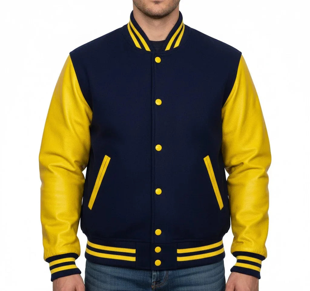 Varsity Bomber Letterman Navy Wool & Yellow Real Leather Sleeves Jacket