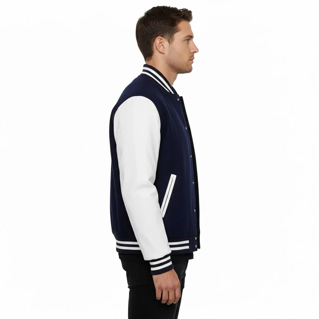 Varsity Bomber Letterman Navy Wool & White Real Leather Sleeves Jacket