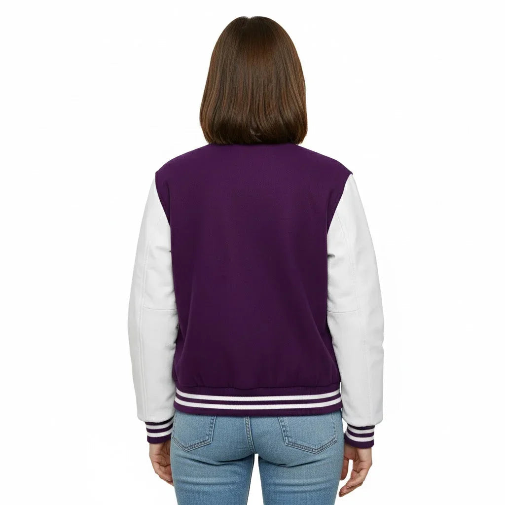 Women's Varsity Letterman Purple Wool & White Real Leather Sleeves Bomber Jacket