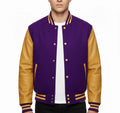 Varsity Bomber Letterman Purple Wool & Gold Real Leather Sleeves Jacket