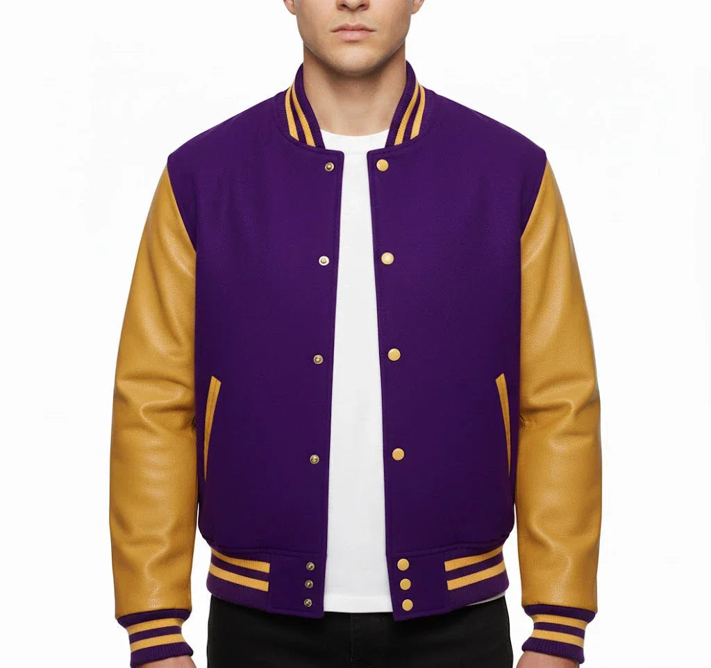 Varsity Bomber Letterman Purple Wool & Gold Real Leather Sleeves Jacket